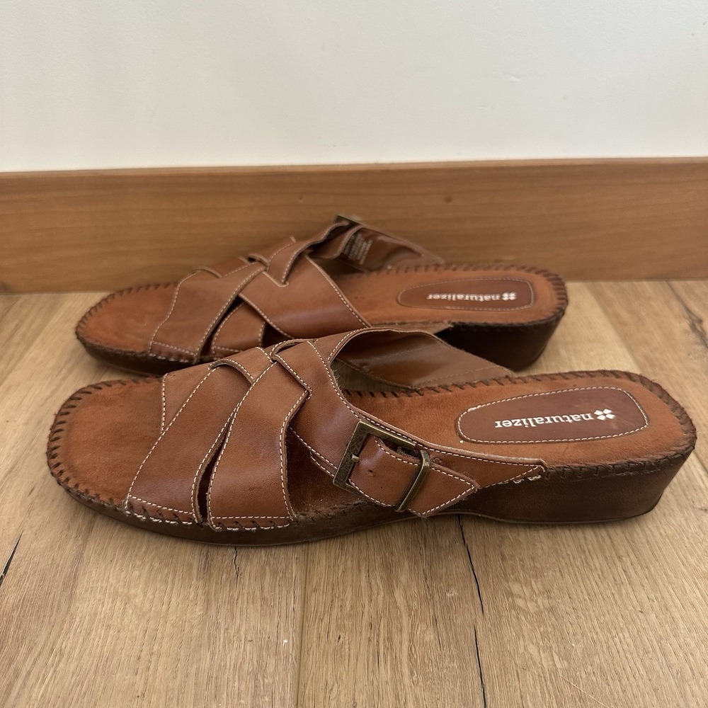 Womens Naturalized Slide Sandals Brown Leather Upper 11 Stitch Accents Low Wedge